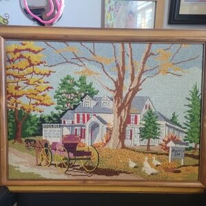 Vintage Large Ornate Wood Framed 22.5 X 17 Needlepoint Fairfield Inn w/ Carriage